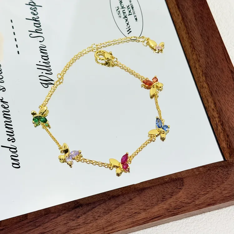 铜合金锆石手链 SL-16精致彩色闪钻锆石灵动蝴蝶流苏精美简约手链
