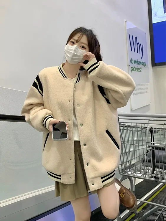 韩式羊羔毛棒球服小众拼色卫衣女秋冬加绒加厚宽松休闲轻量化外套