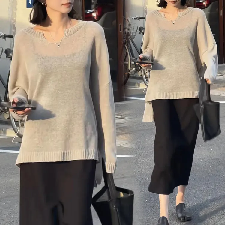 韩系慵懒风时尚套装女春秋新款薄款针织长袖t恤显瘦半身裙两件套