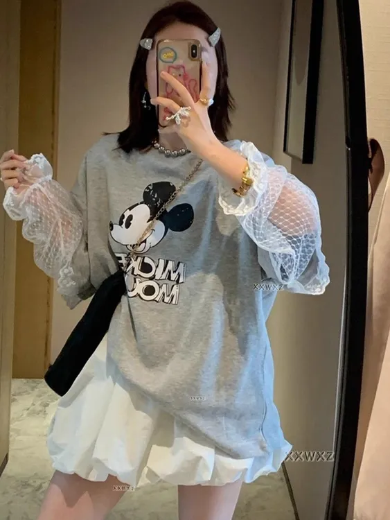 拼接常规常规款蕾丝圆领通勤T恤中长款宽松可爱风