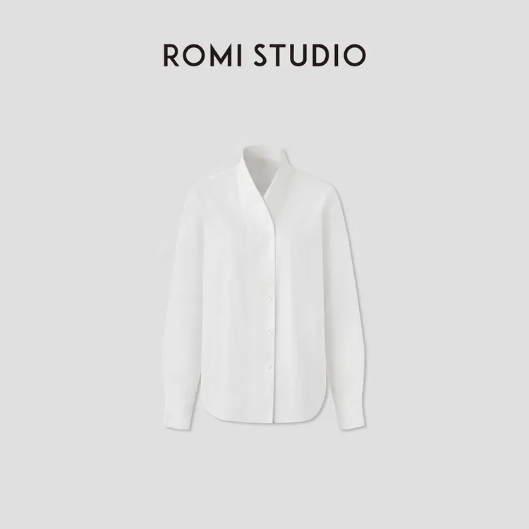 ROMI STUDIO“松弛氛围”轻薄舒适白色棉质立领长袖衬衫 RWCAS64833