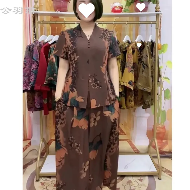中老年套冰丝短袖阔腿裤花色妈妈装2025夏装上衣两件套装老人高档