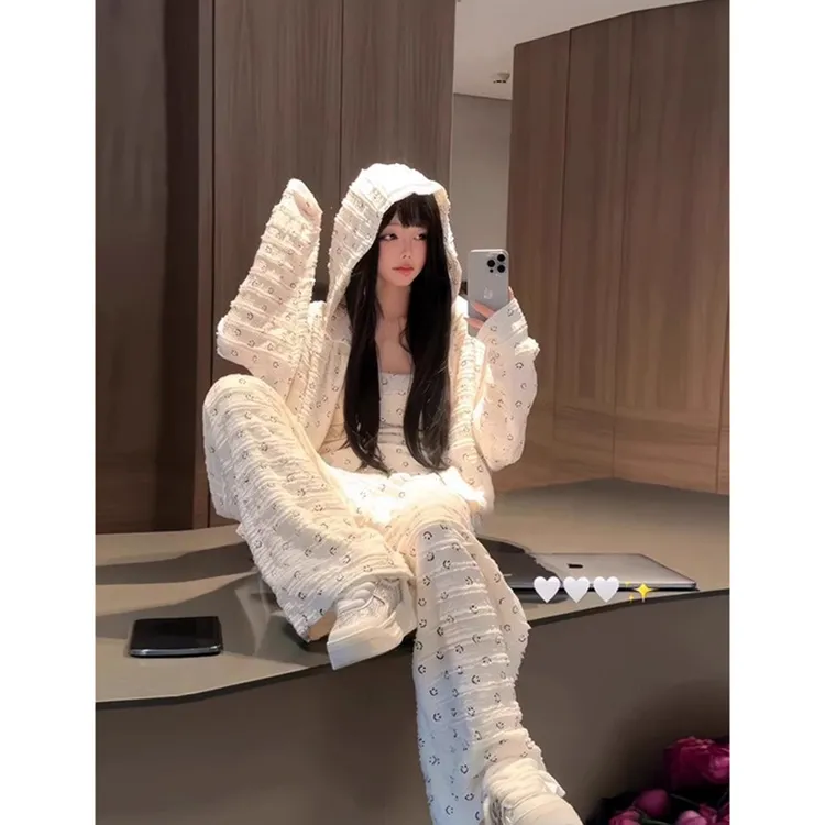 2-300斤胖mm韩系笑脸印花连帽卫衣高腰阔腿裤休闲时尚两件套女