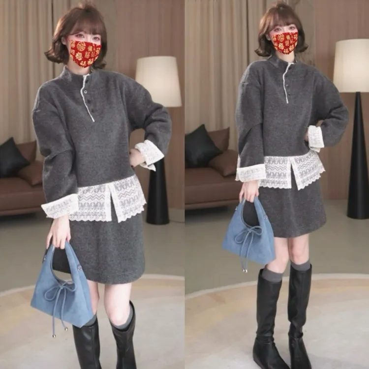 【薇绮】设计半高领加绒卫衣拼接蕾丝下摆半裙显瘦套装秋冬两件套女