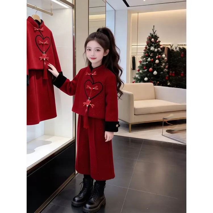 女童新年服套装2025中国风红色喜庆拜年服冬季儿童新中式两件套