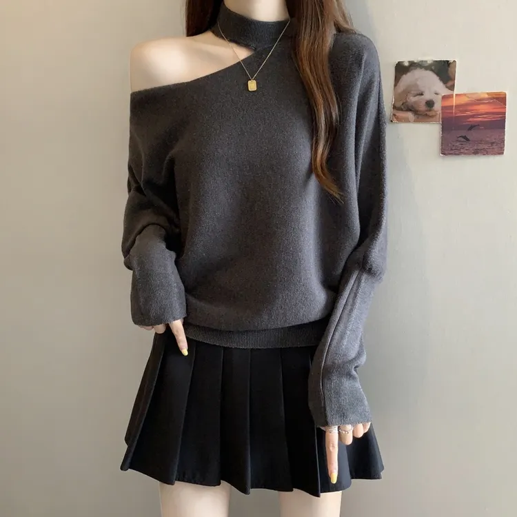 纯欲露肩挂脖长袖针织衫女早春新款大码胖mm设计感毛衣打底衫上衣