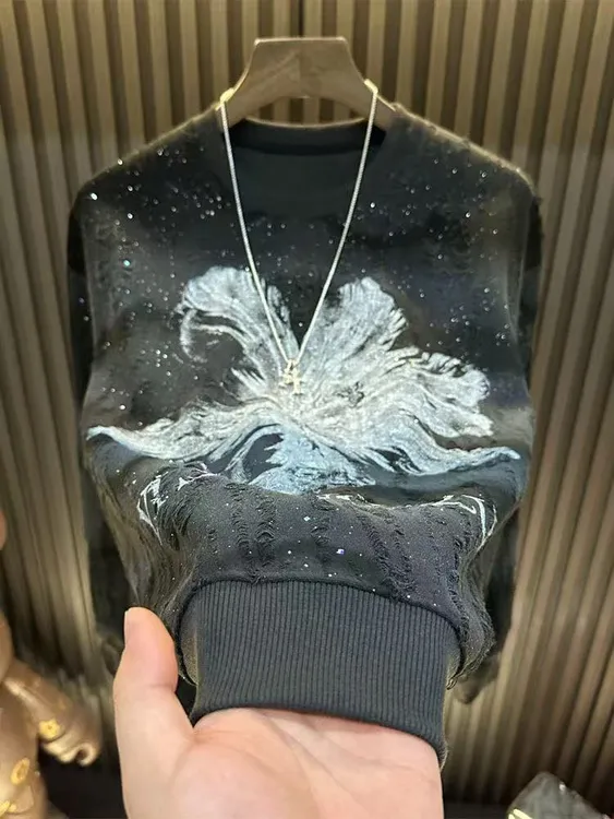 秋季新款曼陀罗花朵长袖卫衣男满天星破洞圆领上衣时尚潮流打底衫