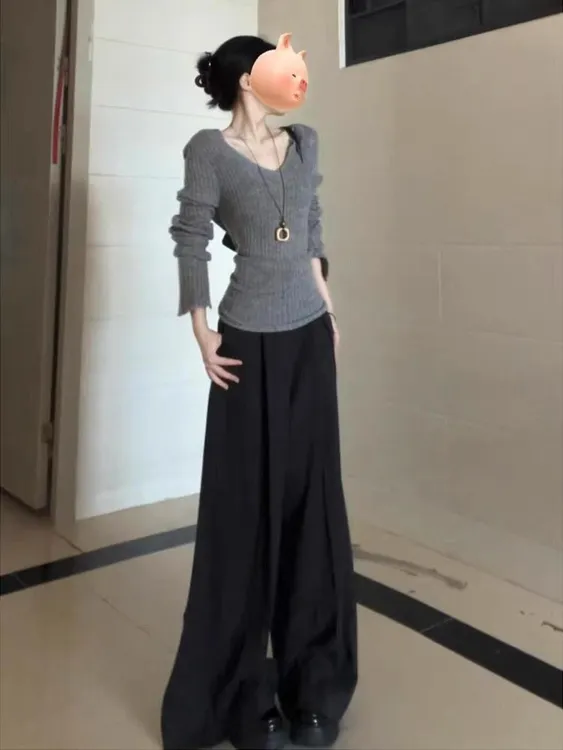 2025秋季新款辣妹美式v领长袖针织衫女修身显瘦百搭设计感小众