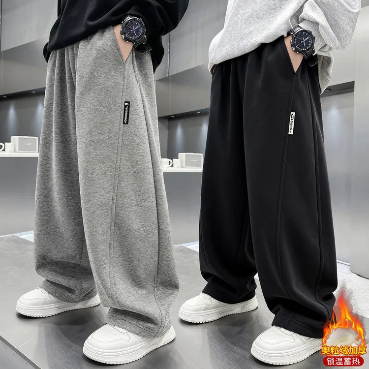 男童加绒裤子冬季宽松弯刀裤2025中大童冬装儿童休闲运动长裤洋气