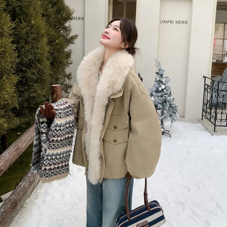 大毛领工装派克羽绒服2025新款女冬季韩版加厚牛仔保暖白鸭绒外套