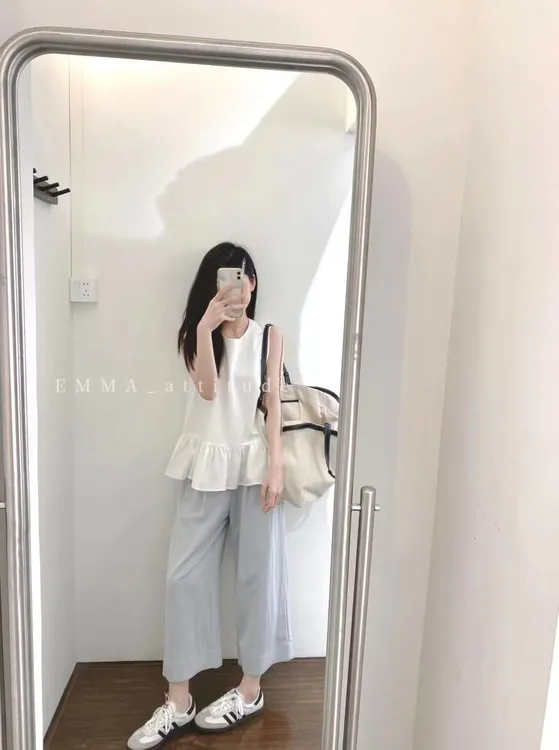 2025春夏新款韩系白色无袖下摆背心女减龄气质上衣百搭直筒休闲裤