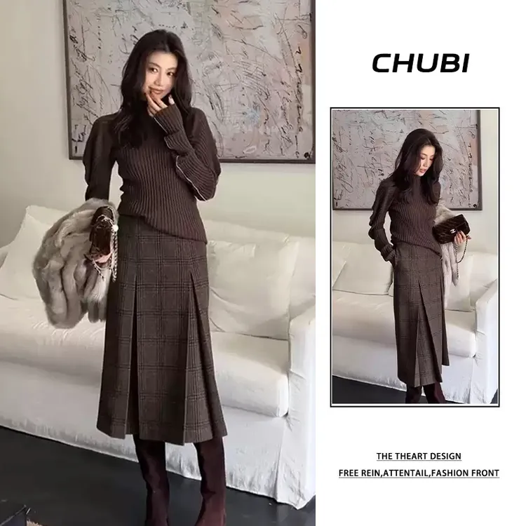 独特超好看冬季新款小香风美拉德复古针织衫毛衣格纹半身裙套装女