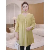 MsShe大码女装2025新秋皱感天丝拼接蕾丝七分袖小衫S~E2508036