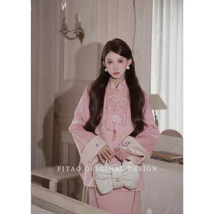 杜屁屁桃PITAO 原创【春宵如梦】冬新中式双面可穿100绵羊毛大衣