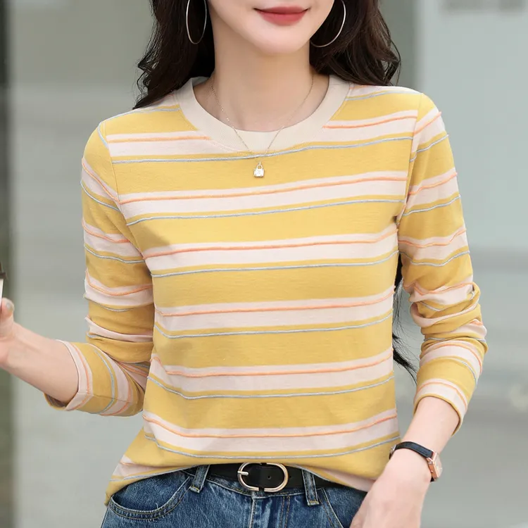【赠送运费险】条纹长袖t恤女春秋新款时尚洋气百搭宽松遮肉上衣女