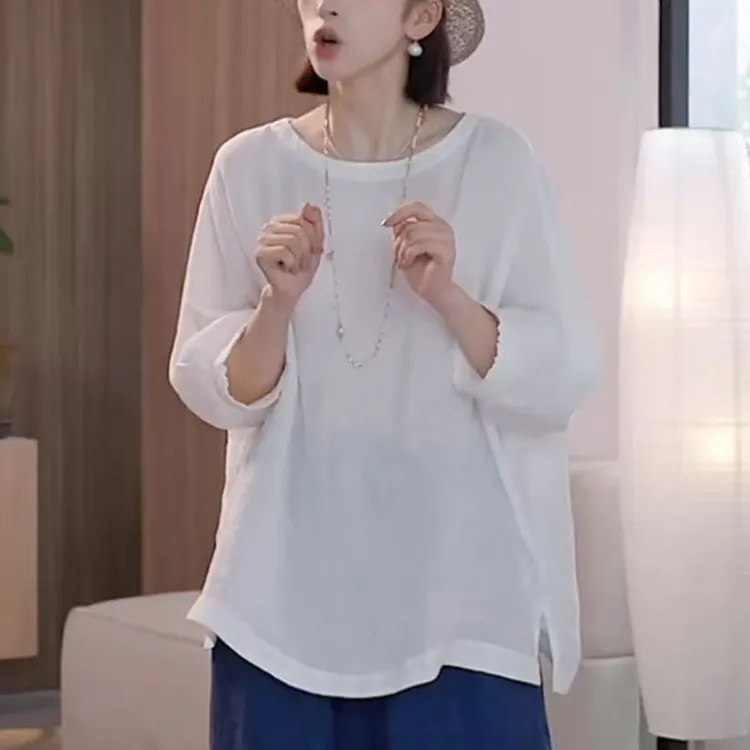 白色休闲亚麻半袖t恤女士2025夏季新款宽松显瘦减龄大版遮肚上衣