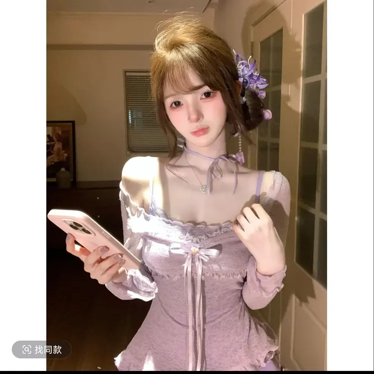 瑞茜·威瑟斯 紫啧 纯欲风甜辣显瘦吊带裙罩衫R2246-1L