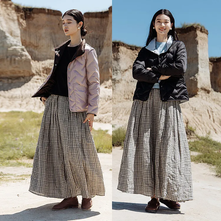 绽放608朵/亚麻复古格纹气质显瘦A字全腰松紧半身裙女秋新款长裙