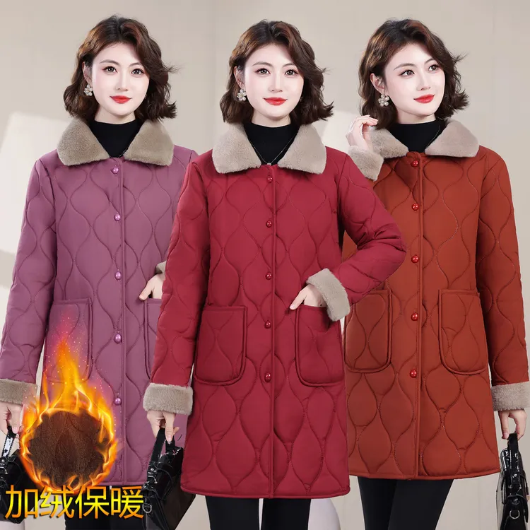 妈妈冬装棉袄加绒加厚棉衣服中长款中老年冬季外套保暖纯色棉服女