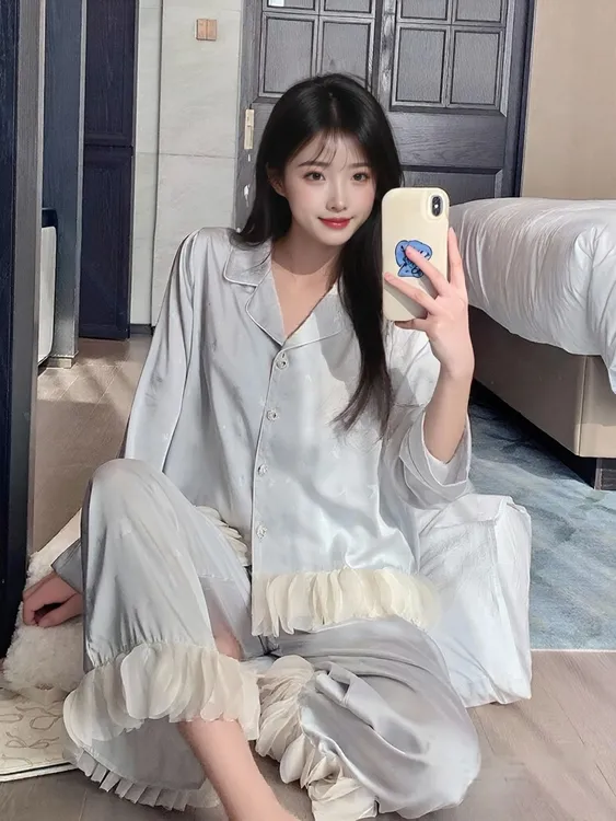 2025新款睡衣女春秋季冰丝纯欲长袖长裤可外穿家居服性感花边套装