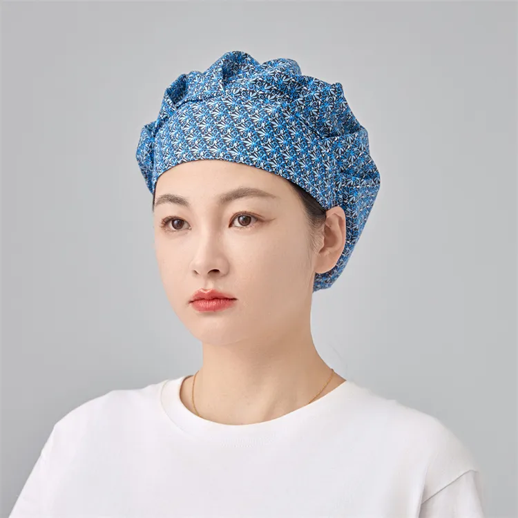 蓬蓬帽蓝结花女医生护士帽长发全棉印花薄美容师防尘防落发工作帽