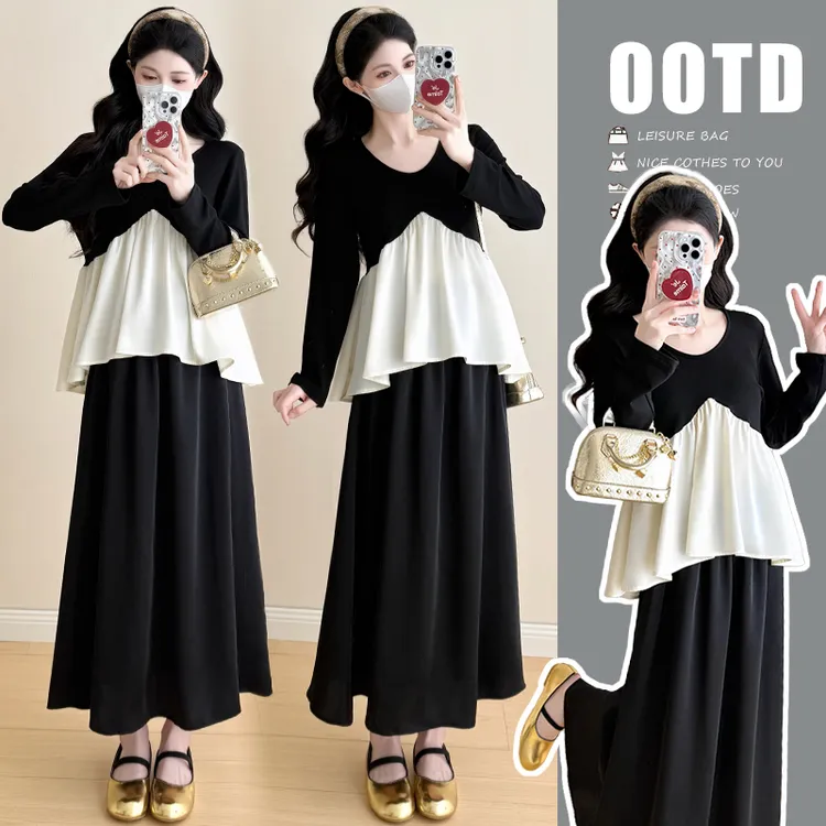 孕妇套装2026春季新款时尚黑白撞色拼接长袖上衣半身裙孕妇两件套