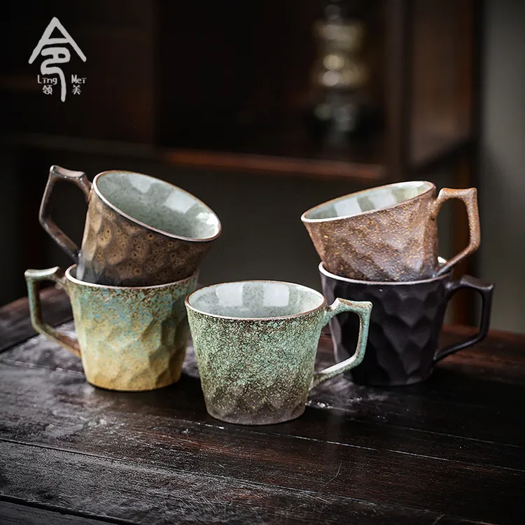 渐变手工浮雕日式qita114复古马克杯家用茶杯个性陶瓷杯牛奶