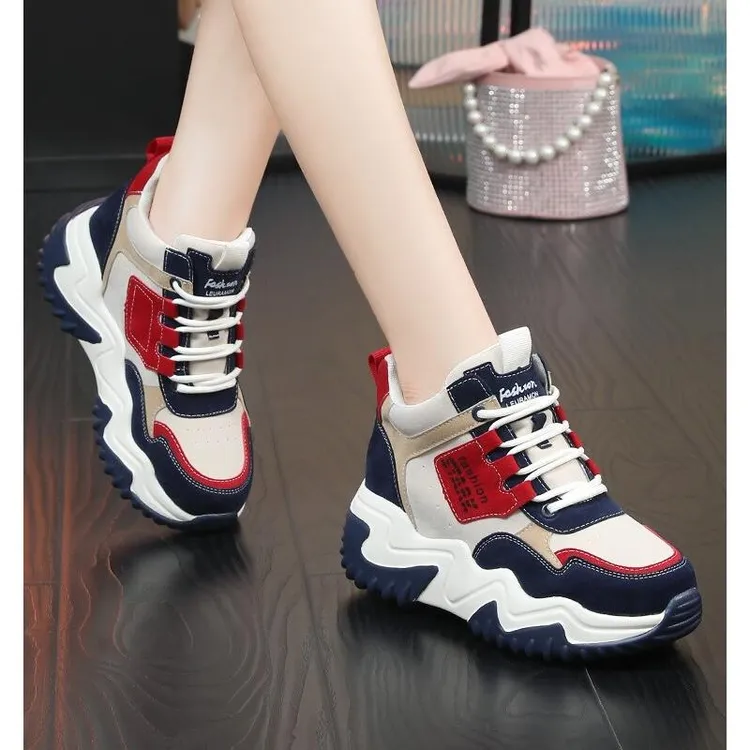 万达撤柜头层牛皮老爹鞋厚底松糕女鞋2025鞋春季透气内增高小白鞋