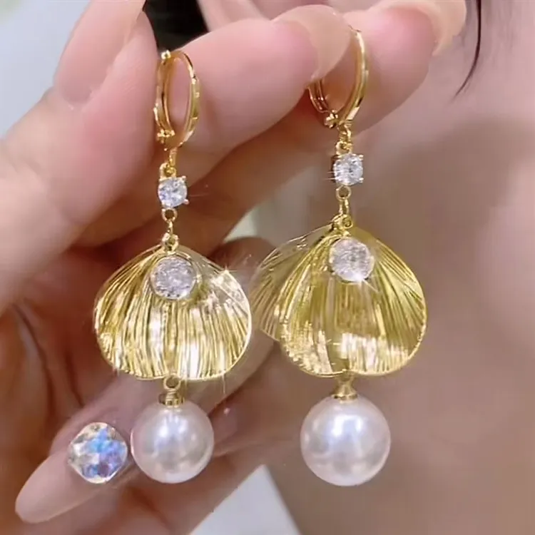 925银针耳饰  【306号】长款金色叶片珠珠气质女人味耳环