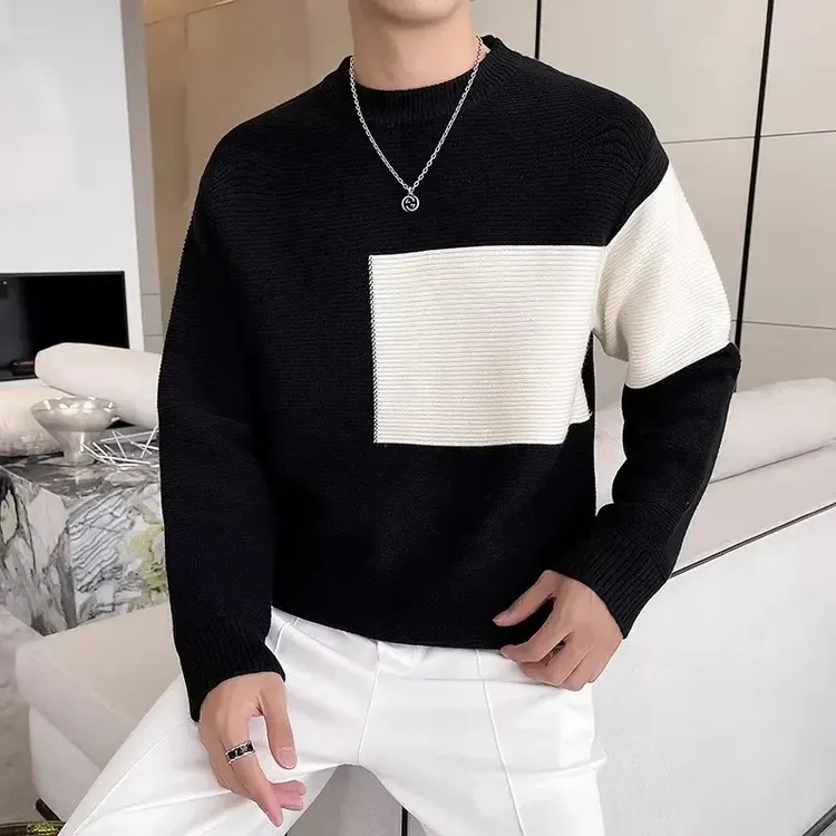 仓石一树简约潮流百搭毛衣男士文艺秋冬季拼色休闲圆领时尚针织衫