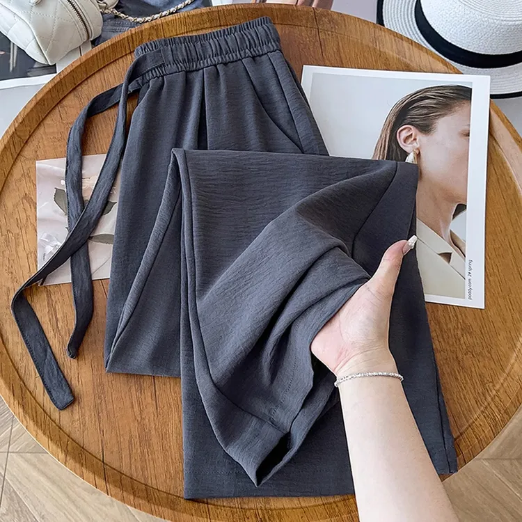 拉夏贝尔灰色凉感垂感阔腿裤女夏季薄款2025新款高腰肌理感休闲裤