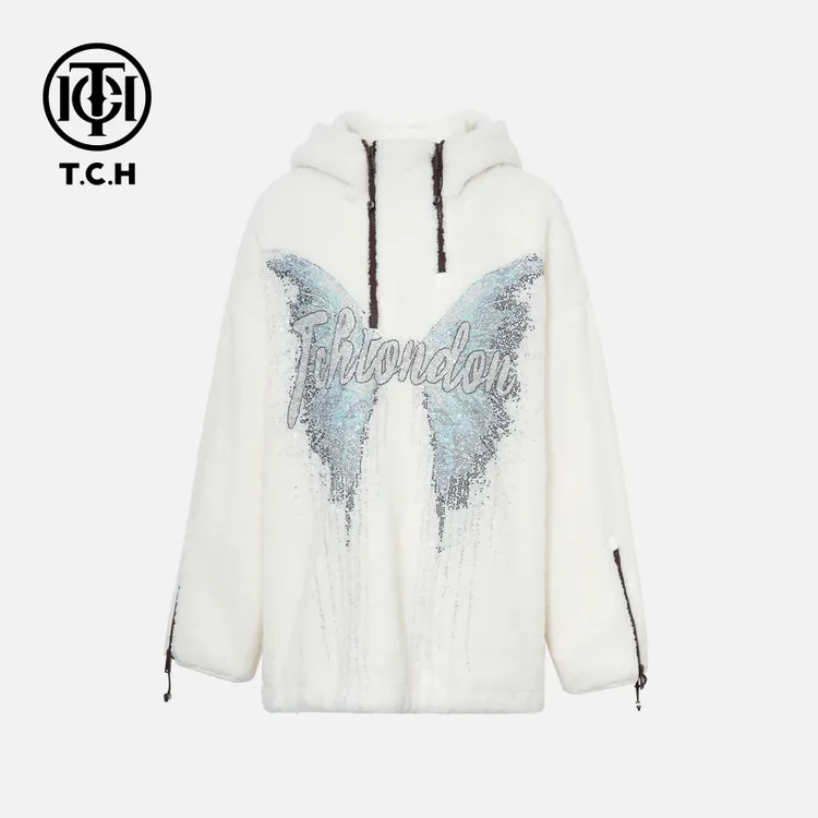 TCH私服秋冬氛围感烫钻时尚淑女白色帽衫女T75D12E1003轻奢tch