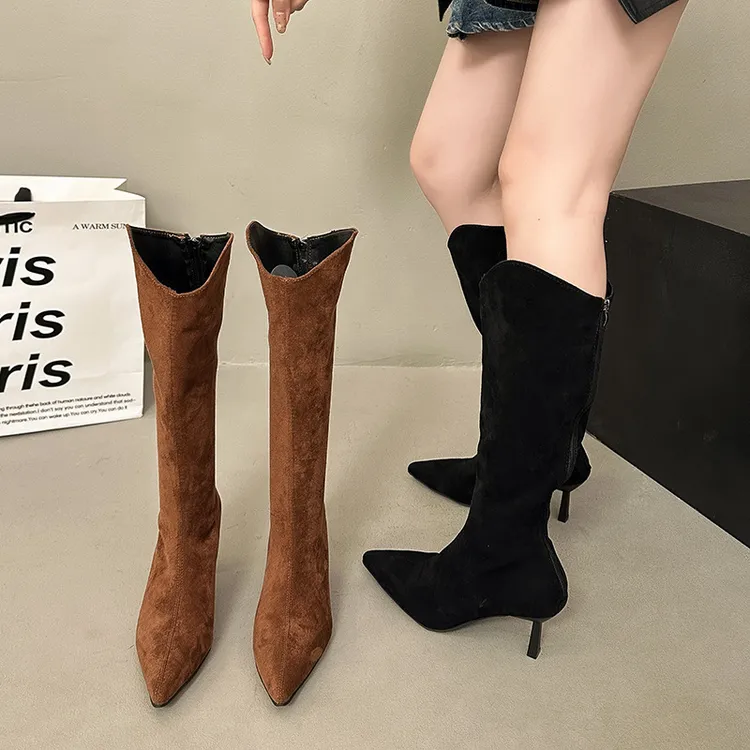 法式尖头细跟高筒长靴女2025秋冬新款不过膝性感弹力高跟瘦瘦靴女