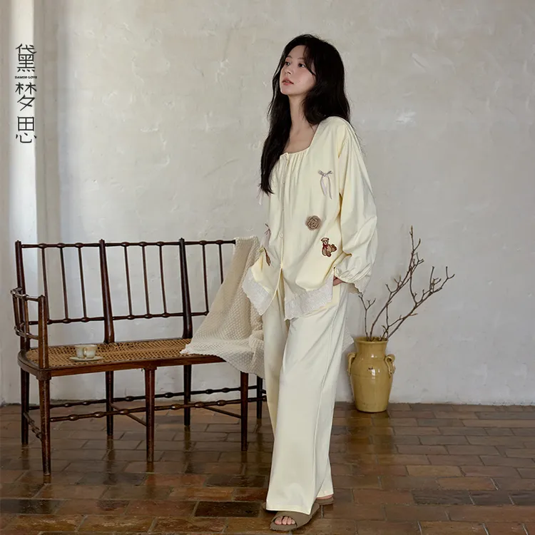 带胸垫睡衣女春秋季长袖家居服甜美可外穿蝴蝶结两件套开衫套装冬