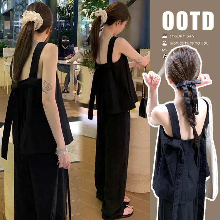 孕妇套装夏季新款时髦设计感法式无袖背带上衣高腰休闲抽绳直筒裤