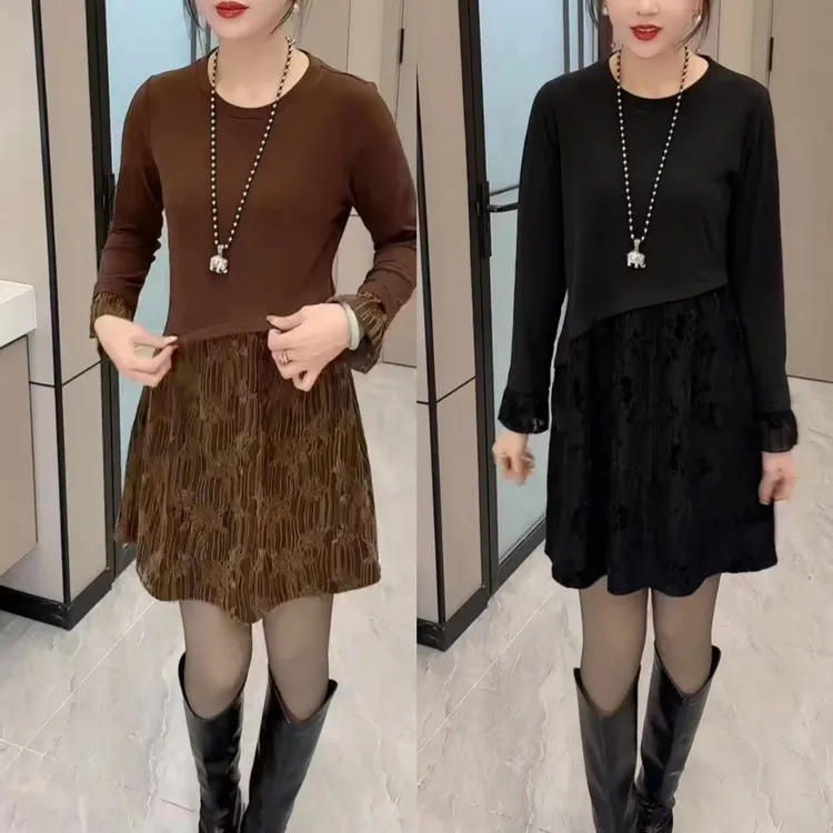 套头常规拼接高腰慵懒风连衣裙针织秋冬圆领百搭长袖