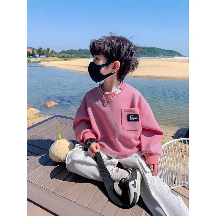 男童卫衣春秋新款儿童开春时髦恤假两件帅气美式上衣工装裤