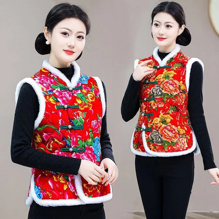 秋冬东北大花马甲中国风棉袄民族风盘扣女装加绒加厚保暖过年坎肩