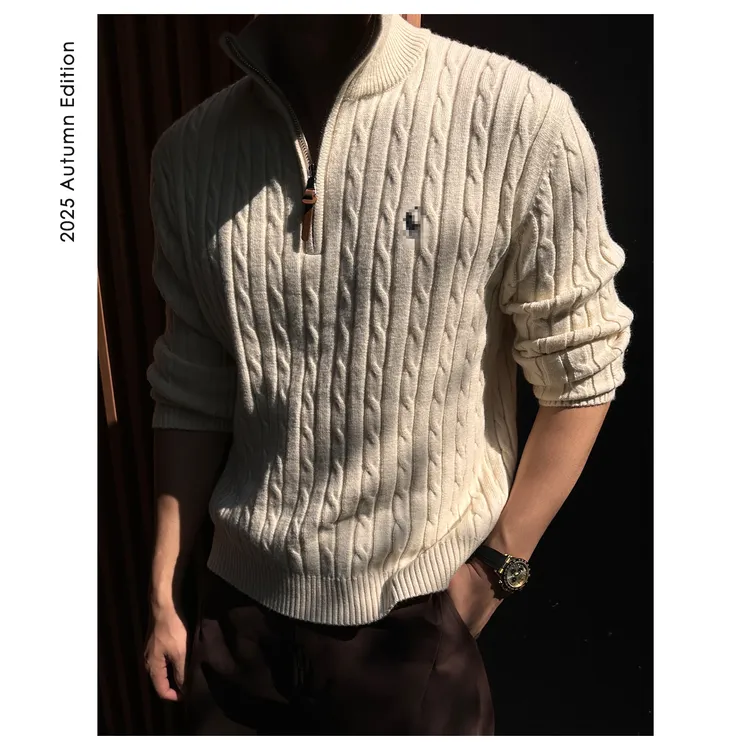 ZICHENG 25ss高定系列绵羊毛羊绒莱赛尔混纺拉链经典绞花系列毛衣