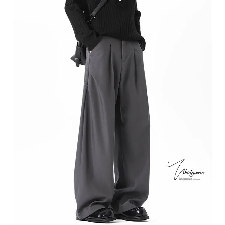 V37美式灰色褶皱休闲西裤男秋季潮牌宽松裤子cleanfit直筒阔腿裤