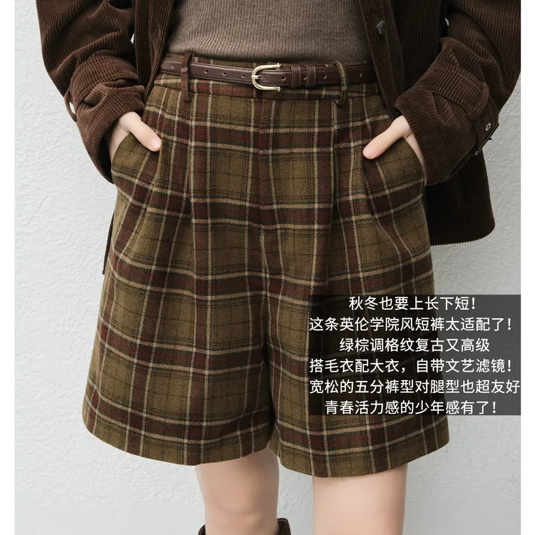A美洋MEIYANG 英格兰短裤【商场同款】 复古格纹休闲A字阔腿裤-周五