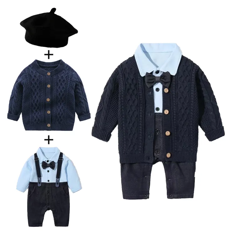 婴儿连体衣宝宝衣服春秋季帅气新生儿小绅士外出爬服满月百天礼服