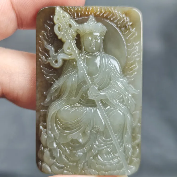 天然新疆和田玉 地藏王菩萨 且末老糖白 油润细腻精细雕刻 配绳