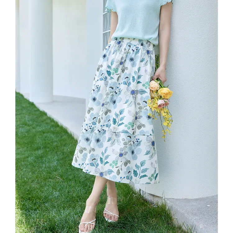 OSA/欧莎清新植物印花通勤气质中长款半身裙子夏季女S125B51015