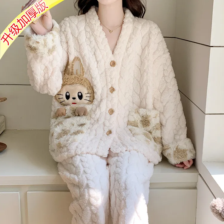网红拉布布睡衣女冬珊瑚绒加厚法兰绒秋冬季学生韩版保暖家居套装