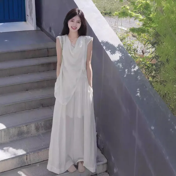 高级慵懒风白色超仙小众设计感不规则衬衫高腰阔腿裙裤套装