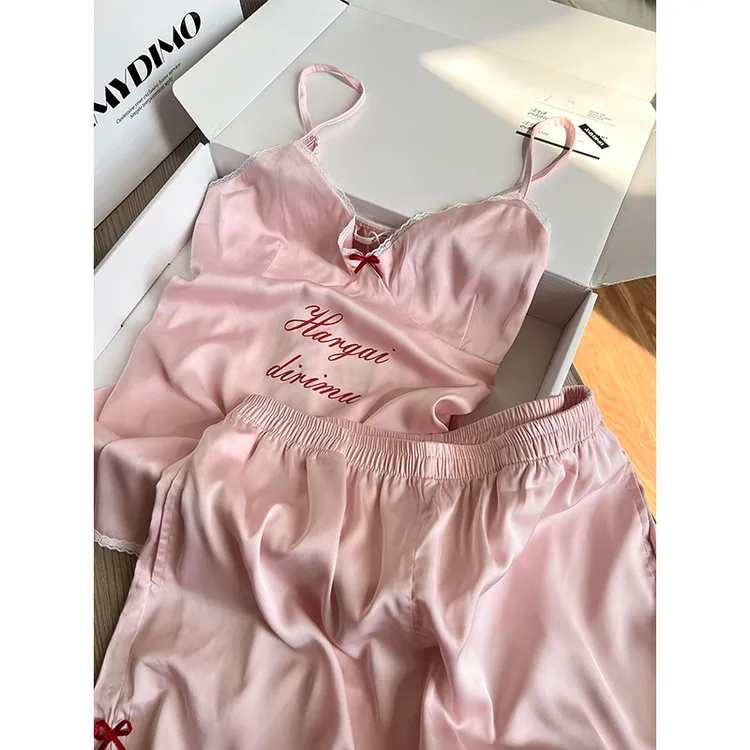 【DMXJ大梦想家】韩系休闲清新字母蝴蝶结睡衣女夏季吊带家居服套装