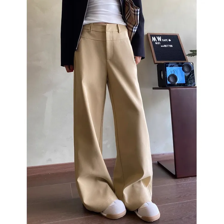 卡其色阔腿裤女2025春秋季新款高腰垂感窄版显瘦西装裤休闲直筒裤