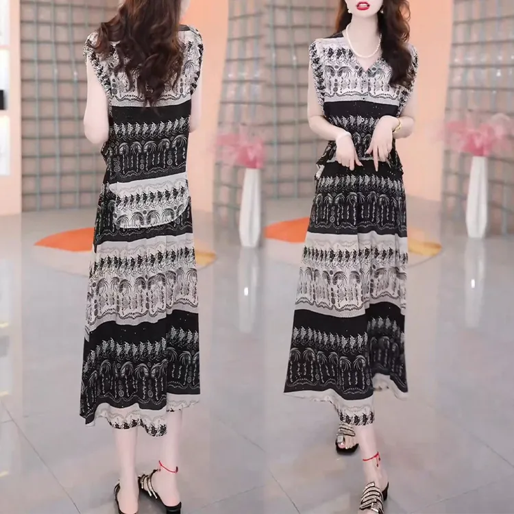 女士印花雪纺套装女2025夏新款时尚优雅百搭气质衬衫半身裙两件套