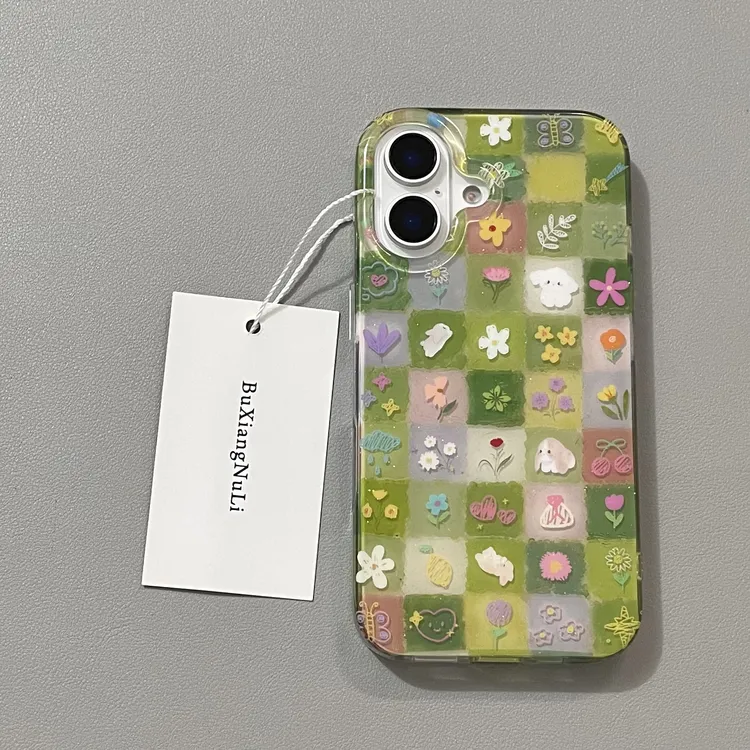 春日ins彩绘宫格碎花兔子适用苹果16pro手机壳iPhone15全包14/13